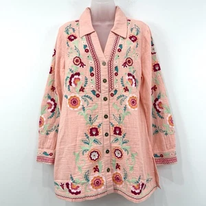 Soft Surroundings Top Womens M Embroidered NWT Alessia Gauze Tunic Artsy Beaded - Picture 1 of 14