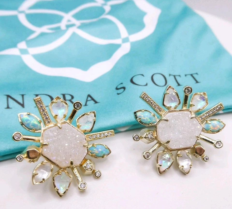 Kendra Scott Ophelia Stud Earrings In Radiant Drusy Blue Opal & Moonstone  - Image 1 of 4