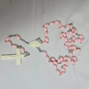 Vtg Rosary, Pink Beading, Silver Tone Chain, White Pendants, 32" - Picture 1 of 4