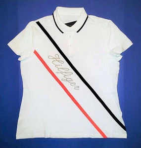 WOMEN'S TOMMY HILFIGER FRANCES 3-BUTTON PIQUE POLO SHIRT WHITE NAVY DARK PINK XL - Picture 1 of 4