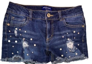 Arizona Girls Jean Shorts Size 12 Pearls Gem Distressed Cut Off Adjustable Waist - Imagen 1 de 15