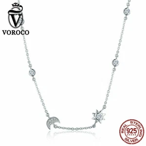 VOROCO 925 Sterling Silver CZ Long Chain Necklace With Small Moon And Star Charm - Picture 1 of 15