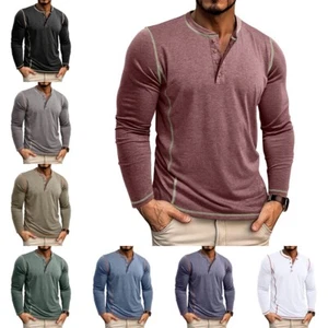 Hombre Informal Botón Fit Camisa Elástica Cuello Redondo Top Henley Camisa Camisetas - Imagen 1 de 17