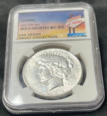 TOUGH~1928 P PEACE S$1~NGC "GENUINE"~ONLY 360k MINTED~90% SILVER~RARE COLLECTABL - Image 1 of 4