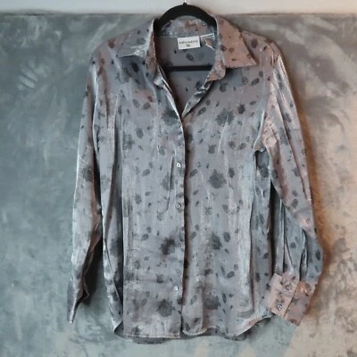 KATHY IRELAND Shirt Womens Large Gray Silver Floral Rayon Poly Satin Blouse VTG - Image 1 of 4