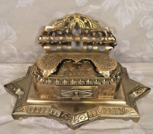 Bradley & Hubbard Inkwell Stand Gold Colored Finish w/ Drawer No Ink Bottles - Picture 1 of 10