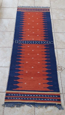 Hand Woven Wool Tribal KILIM Area Rug Runner Flat Weave Red Blue 6' x 2' - Image 1 of 4