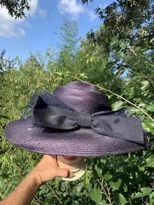 Vintage GEORGI Navy Blue Fedora Cloche BIG BOW Hat Straw Sz One Size ❤️sj17j17 - Picture 1 of 8