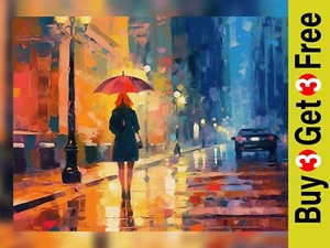 Rainy Evening Cityscape Art - Umbrella Lady, Vibrant Oil Painting Print 5" x 7" - Picture 1 of 5