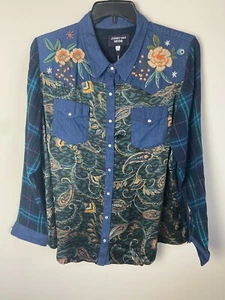 JOHNNY WAS TWILIGHT PRINT MIX WESTERN BUTTON UP SHIRT TOP SIZE SMALL S - Picture 1 of 3