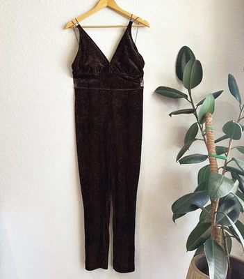 Free People Womens Velvet Cat Suit Jumpsuit Large Snake Print Empire Waist - Image 1 of 4