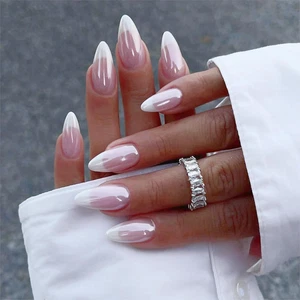 French Tip Press on Nails Medium Almond Fake Nails Press Ons with Designs Chrome - Picture 1 of 12