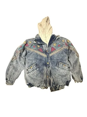 Jaqueta jeans com capuz Street Worn vintage lavagem ácida estilo asteca anos 90 streetwear tamanho 10 - Imagem 1 de 4