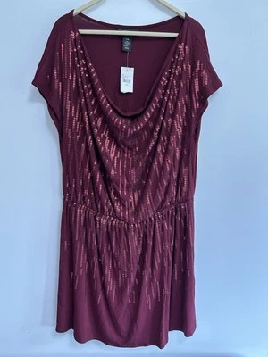 NWT Lane Bryant Sequin Cowl Tee Dress Stretch Burgundy Short Sleeve Size 14/16 - Image 1 of 4
