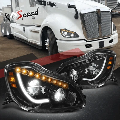 Faros de señal de giro secuencial ámbar LED DRL negros para 13-21 Kenworth T680 Foto 1 de 4