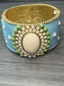 Wide Hinged Enamel Bracelet Turquoise Blue/Gold/White/ Green Floral Cuff 7”L - Picture 1 of 10