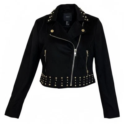 Chaqueta de moto Forever 21 negra para mujer S recortada imitación gamuza cremallera completa Foto 1 de 4