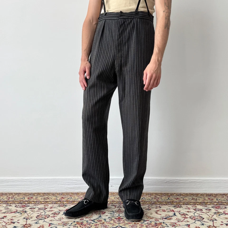 1950s Men's Vintage British ‘Moss Bros’ Morning Striped Suspender Trousers - Image 1 of 4