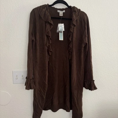 Women’s Size Large Open Front Knit Cardigan Sweater Tan Chevron Half Sleeve - Image 1 of 4