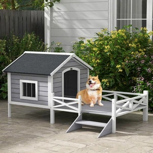 PawHut Wooden Dog House w/ Porch, Water-resistant Roof, for S M Dogs, Grey - Picture 1 of 11