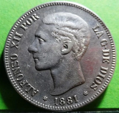Scarce,  ALFONSO XII,  5 Pesetas 1881 Stars 18 - 8(1)  Silver,  SPAIN - Image 1 of 2