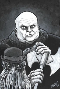 Zio Fester and Cousin It... illustrazione vernice acrilica originale - Foto 1 di 3