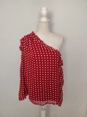 Женский топ Monique Lhuillier красный с оборками в горошек на одно плечо большого размера. - Изображение 1 из 4