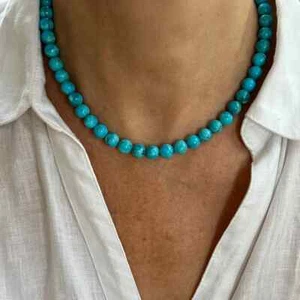 Large 8mm Brilliant Blue Kingman Arizona Beaded Turquoise Gemstone Necklace - Picture 1 of 9