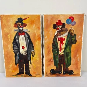 Set of 2 Vintage Clown Paintings Sad Emotional Signed Alberg Canvas 18 x 11 - Imagen 1 de 10