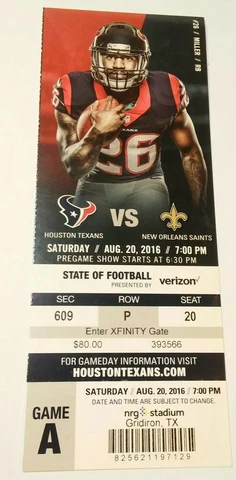 2016 New Orleans Saints Houston Texans NFL Football Ticket Stub Cover