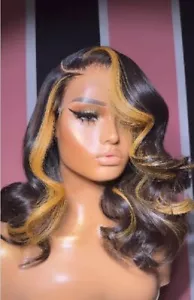Long Wave 14" 100% Remy Human Hair Lace Frontal Wigs 4x4 Finger Blonde Black Wig - Picture 1 of 9