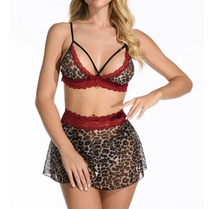 Red Lingerie Women's Sexy Leopard Lace Mesh Bra Panty with Mini Skirt US Size-M - Picture 1 of 6