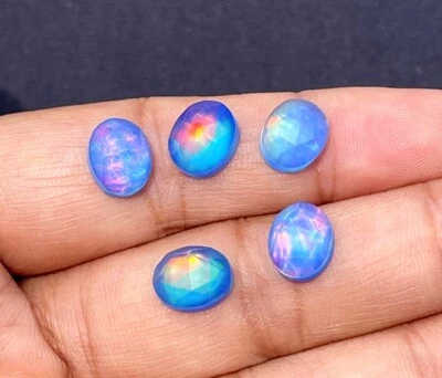 Blue Aurora Opal Doublet, Aurora Fire Opal Rose Cut Oval Cabochon, 10x8 MM - Image 1 of 4