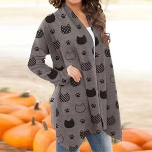Womens Halloween Cardigan Pumpkin Cat Print Long Sleeve Open Front Plus Size - Picture 1 of 16