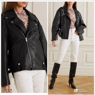 PVP US$3,685 Isabel Marant's Bacem Chaqueta de cuero de cordero de gran tamaño negra NUEVA CON ETIQUETAS FR34 Foto 1 de 4