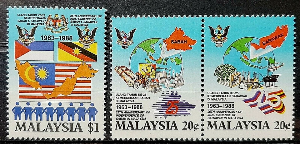 MALAYSIA 1988 25TH ANNIV. OF INDEPENDENCE OF SABAH & SARAWAK SG 398 - 400 MNH - Image 1 of 2