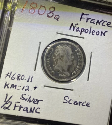 1808 Q Francia Napoleón #680,11 km12 plata 1/2 franco escaso #0980 Foto 1 de 4