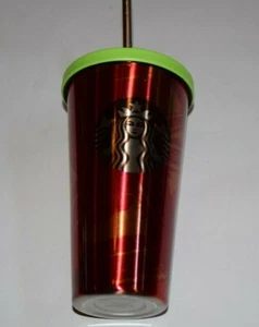 Starbucks 2014 Edelstahl 16oz Travel Tumbler mit Metall Strohhalm Rot Gold - Bild 1 von 6