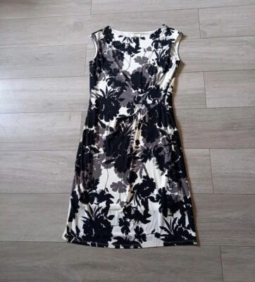Linea Cream Black & Grey Floral Stretch Dress Side Ruching Smart Occasion UK12 - Image 1 of 4