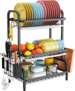 Dish Drying Rack 3 Tier Large Capacity Kitchen Storage with Utensil and Cutting - Picture 1 of 9
