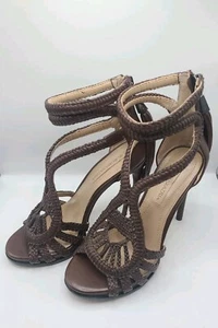 BCBG Maxazria Women's Leather Tassle Strappy Open Toe Heel Shoe Size 5.5  - Picture 1 of 14