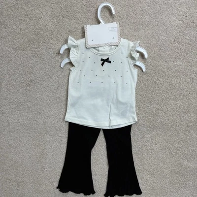 Conjunto de 3 piezas para bebés niñas, top de muñeca bebé con pedrería pantalones acampanados negros lazo Foto 1 de 4