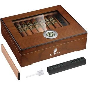 Zigarren Humidor Holz Box mit Hygrometer Luftbefeuchter Glasdeckel Geschenk Männ - Bild 1 von 6
