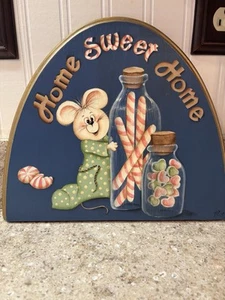 Vtg Hand Painted Home Sweet Home Wood Wall Hanging Plaque Mouse Candy Cane Xmas  - Picture 1 of 8