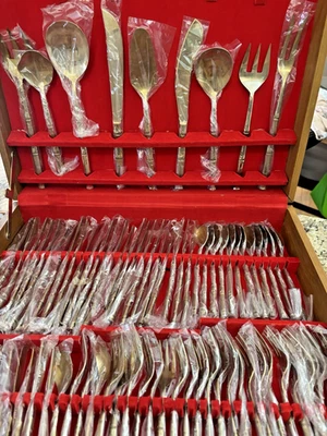  Utensili argenteria metà secolo bronzo nichel Thailandia servizio chinoiserie  - Immagine 1 di 4