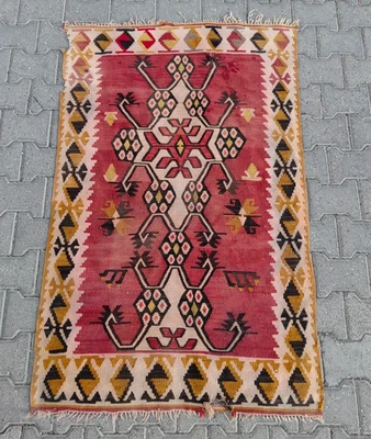 Vintage Turkish Kilim Rug 5x3.2 ft | Bold Tribal Medallion, Rose & Mustard - Image 1 of 4