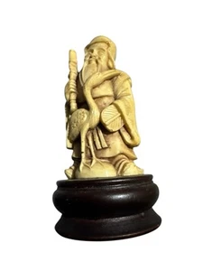 Netsuke Hand Carved Resin Wise Man on Wood Base Used - Picture 1 of 2
