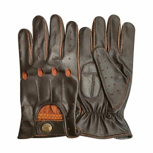 Leather Driving Gloves Mens Full Finger Slim Fit Classic Soft Brown Gloves - Picture 1 of 6