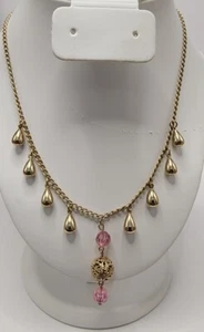 Vintage 17 1/2" Gold Tone Ckoker With 8 Metal Tear Drop Charms & Pink Beads - Picture 1 of 8