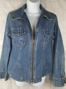 Arizona Jean Co Woman Jean Jacket Sz Lg Double Zip Snap Cuff Denim Pockets - Picture 1 of 10